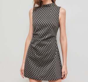 Woven High Neck Checks Ruched Mini Dress